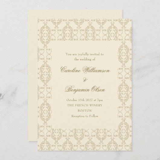 ヴィンテージ華美ダマスクアイボリーエレガントロコ結婚ス 招待状 (正面/裏面)
