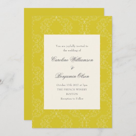 ヴィンテージ華美ダマスクイエローエレガントな結婚式 招待状 (正面/裏面)