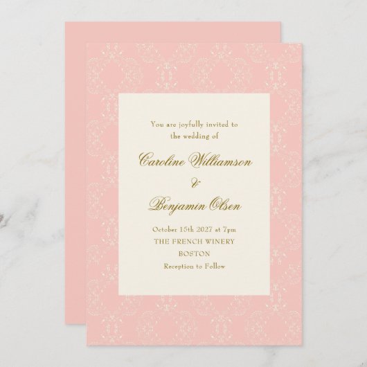 ヴィンテージ華美ダマスク赤面ピンクエレガントな結婚式 招待状 (正面/裏面)