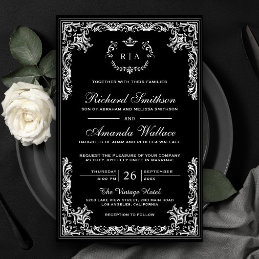 ヴィンテージ華美バジェットブラック結婚式招待状