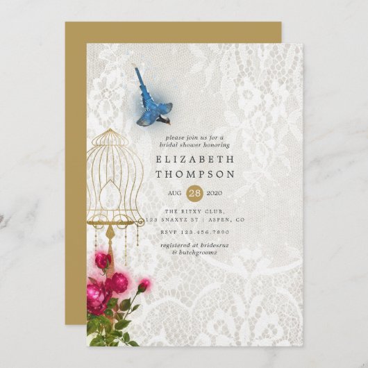 ヴィンテージ華美バードケージレースブライダルシャワー 招待状 (正面/裏面)