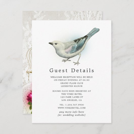 ヴィンテージ華美バードケ結婚ージレースゲスト詳細 エンクロージャーカード (正面/裏面)