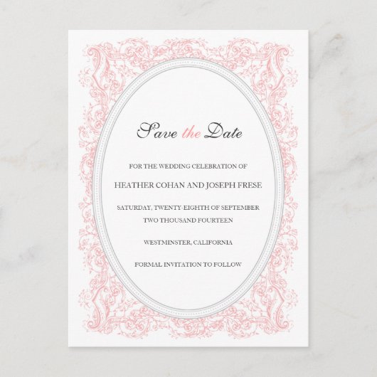 ヴィンテージ華美ピンクとグレー日付を保存 案内ポストカード (正面)