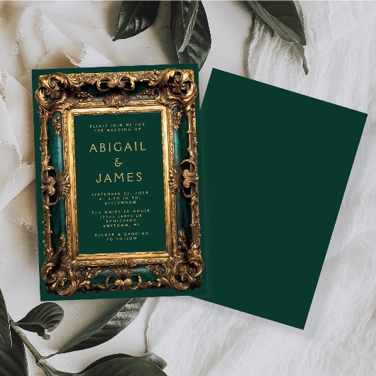 ヴィンテージ華美フレームエメラルドグリーン金ゴールド結婚ズ 招待状