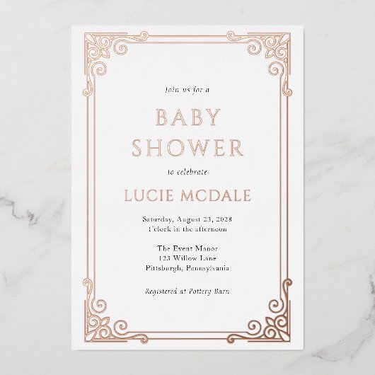 ヴィンテージ華美フレーム赤ちゃんシャワー実在 箔招待状 (正面)
