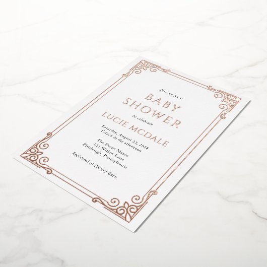 ヴィンテージ華美フレーム赤ちゃんシャワー実在 箔招待状 (回転した状態)