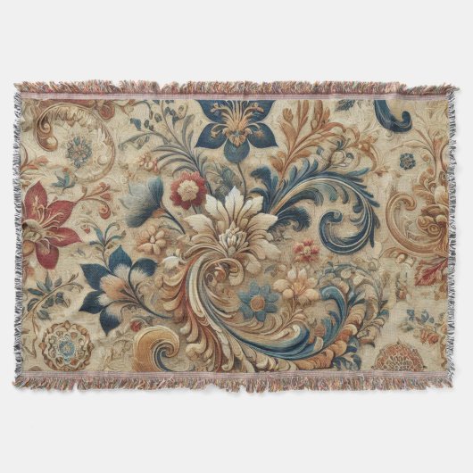 ヴィンテージ華美フローラBrocadeパターン2 スローブランケット (正面)