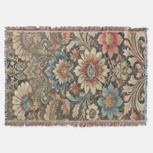 ヴィンテージ華美フローラBrocade暖色トーン自然版 スローブランケット (正面)