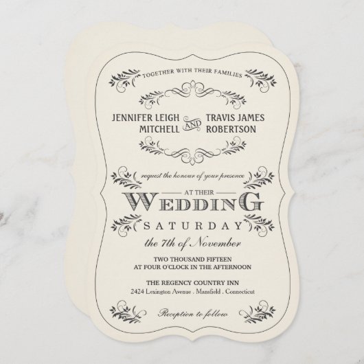 ヴィンテージ華美フローリッシュホワイト結婚式招待状 招待状 (正面/裏面)