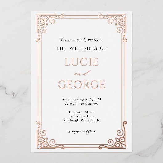 ヴィンテージ華美フ結婚レーム実在 箔招待状 (正面)