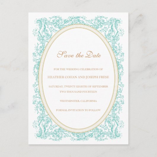 ヴィンテージ華美ブルーと金ゴールド日付の保存 案内ポストカード (正面)