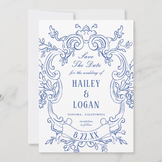 ヴィンテージ華美ブルーフレーム結婚式の日付の保存 セーブザデート (正面)