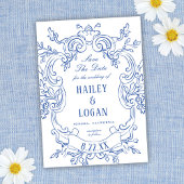 ヴィンテージ華美ブルーフレーム結婚式の日付の保存 セーブザデート