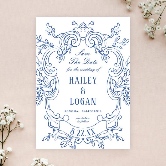 ヴィンテージ華美ブルーフレーム結婚式の日付の保存 セーブザデート