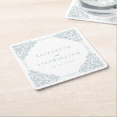 ヴィンテージ華美ブルー結婚フレーム スクエアペーパーコースター (アングル)