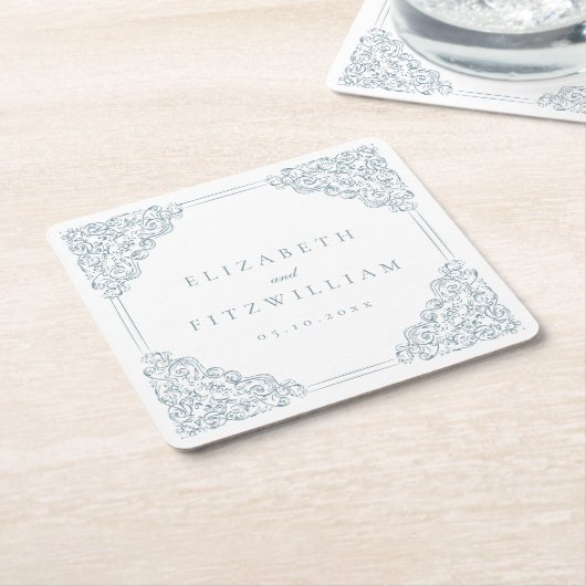 ヴィンテージ華美ブルー結婚フレーム スクエアペーパーコースター (アングル)