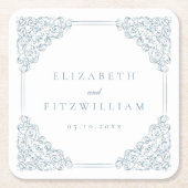 ヴィンテージ華美ブルー結婚フレーム スクエアペーパーコースター (正面)