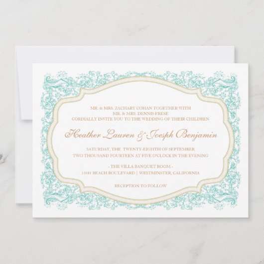 ヴィンテージ華美ブルー&金ゴールド結婚式招待状 招待状 (正面)