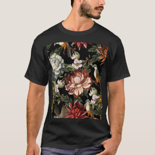 ヴィンテージ華美牡丹、バラ、鳥。 Tシャツ
