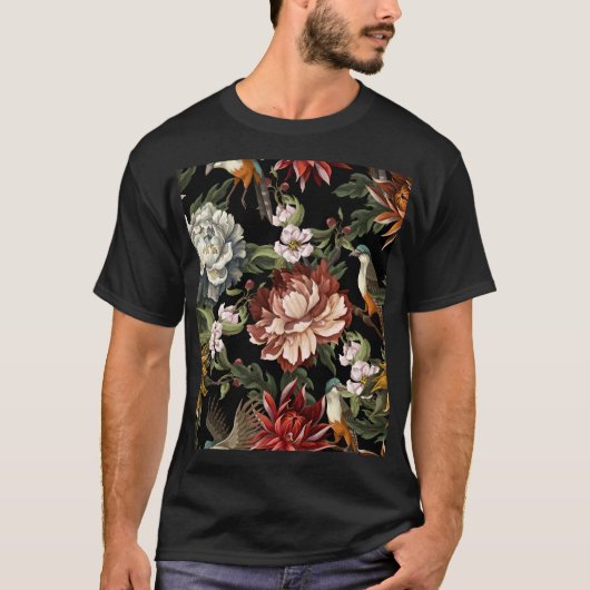 ヴィンテージ華美牡丹、バラ、鳥。 Tシャツ (正面)