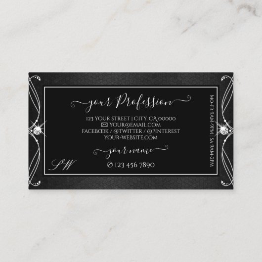 ヴィンテージ華美白黒スパークルジュエルズモノグラム 名刺 (裏面)