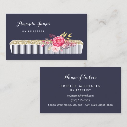ヴィンテージ華美美容用コームとピンクフローラ 名刺 (正面/裏面)