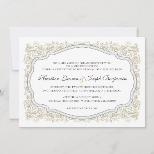 ヴィンテージ華美金ゴールドおよびグレー結婚式招待状 招待状 (正面)