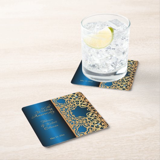 ヴィンテージ華美金ゴールドと青い宝石で飾られた記念日 スクエアペーパーコースター (インサイチュ)