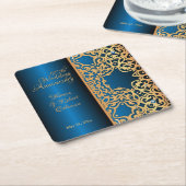 ヴィンテージ華美金ゴールドと青い宝石で飾られた記念日 スクエアペーパーコースター (アングル)