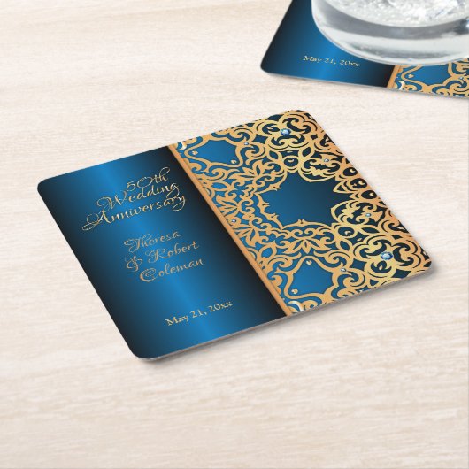 ヴィンテージ華美金ゴールドと青い宝石で飾られた記念日 スクエアペーパーコースター (アングル)