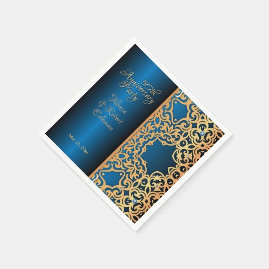 ヴィンテージ華美金ゴールドと青い宝石で飾られた記念日 スタンダードカクテルナプキン (角)