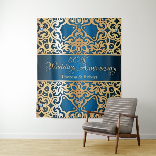 ヴィンテージ華美金ゴールドと青い宝石で飾られた記念日 タペストリー (インサイチュ)