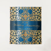 ヴィンテージ華美金ゴールドと青い宝石で飾られた記念日 タペストリー (正面)