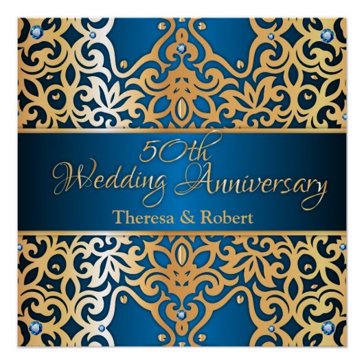 ヴィンテージ華美金ゴールドと青い宝石で飾られた記念日 ポスター (正面)