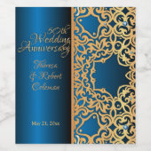 ヴィンテージ華美金ゴールドと青い宝石で飾られた記念日 ワインラベル (シングルラベル)