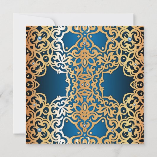 ヴィンテージ華美金ゴールドと青い宝石で飾られた記念日 招待状 (裏面)