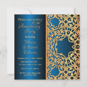 ヴィンテージ華美金ゴールドと青い宝石で飾られた記念日 招待状 (正面)