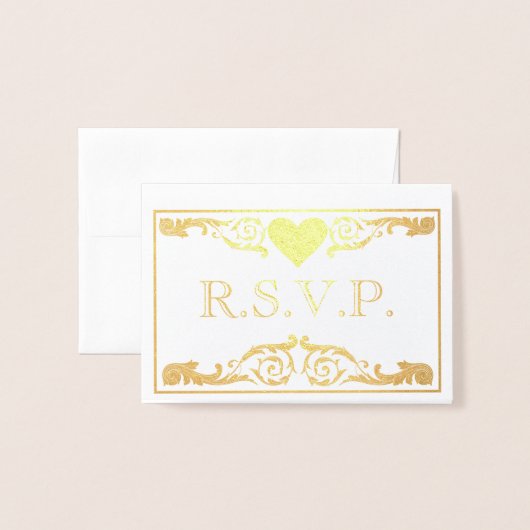 ヴィンテージ華美金ゴールドフローリッシュRSVPフォイルカード 箔カード (封筒付き正面)