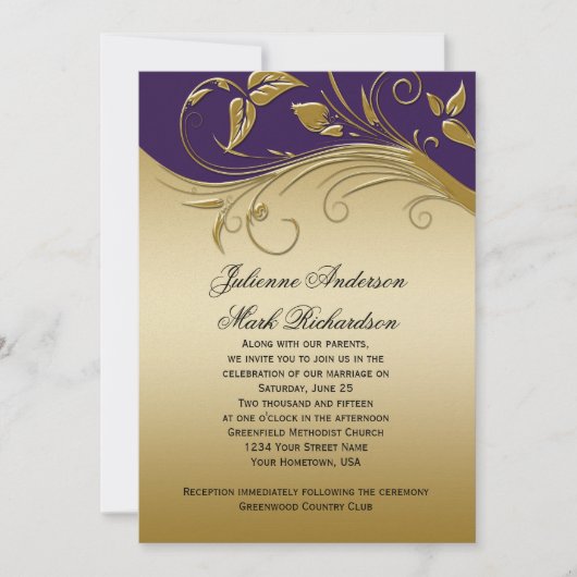 ヴィンテージ華美·パープル·金ゴールド·ス結婚ワールズ 招待状 (正面)