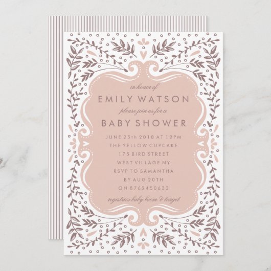 ヴィンテージ葉フローラベビーシャワー 招待状 (正面/裏面)