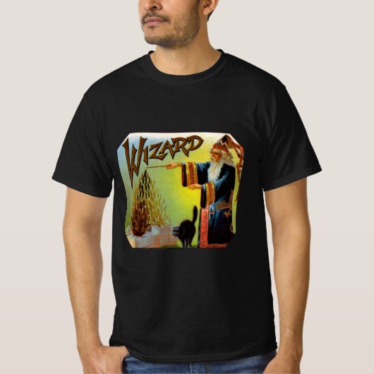 ヴィンテージ葉巻ラベル 黒猫のいる魔法使い Tシャツ (正面)
