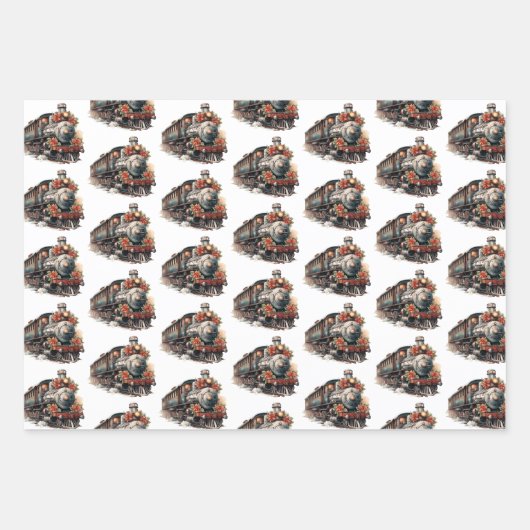 ヴィンテージ蒸気列車の伝統的クリスマスパターン ラッピングペーパーシート (正面)