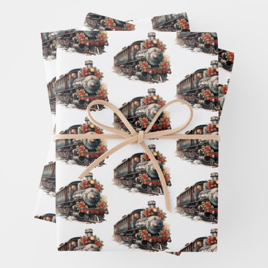 ヴィンテージ蒸気列車の伝統的クリスマスパターン ラッピングペーパーシート (インサイチュ)