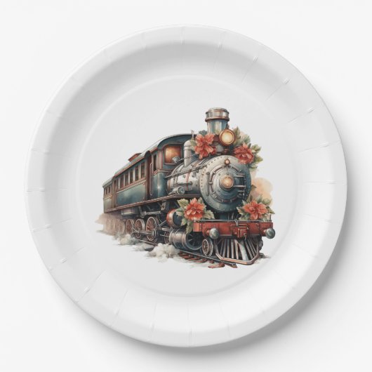 ヴィンテージ蒸気列車の伝統的クリスマス ペーパープレート (正面)