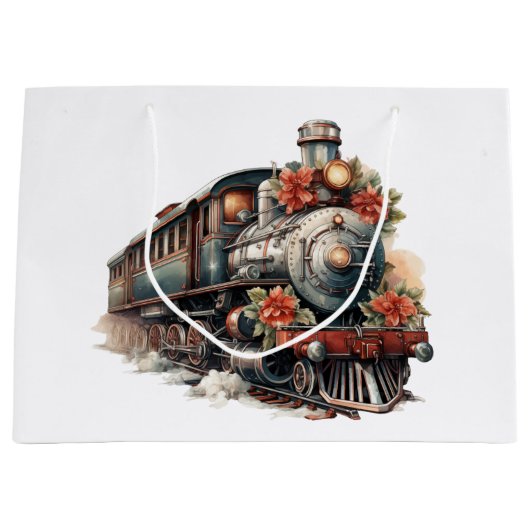 ヴィンテージ蒸気列車の伝統的クリスマス ラージペーパーバッグ (正面)