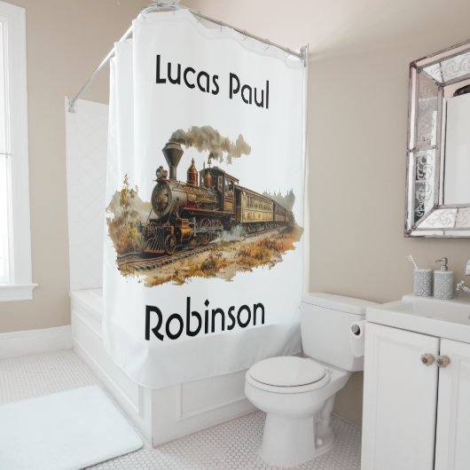 ヴィンテージ蒸気列車の景観イラストレーション シャワーカーテン (インサイチュ)