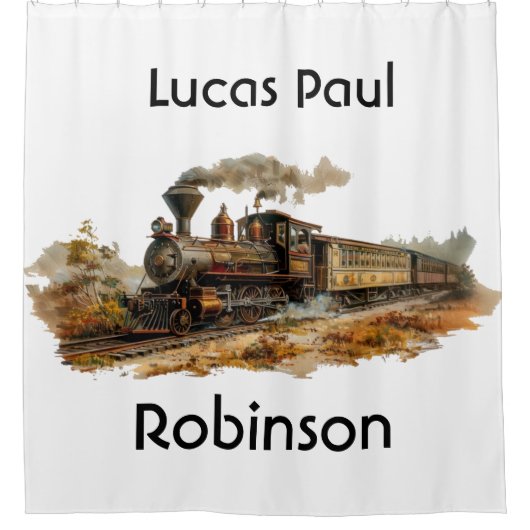 ヴィンテージ蒸気列車の景観イラストレーション シャワーカーテン (正面)