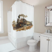 ヴィンテージ蒸気列車の景観イラストレーション シャワーカーテン (インサイチュ)