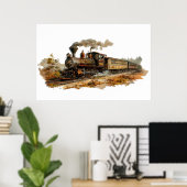 ヴィンテージ蒸気列車の景観イラストレーション ポスター (ホームオフィス)