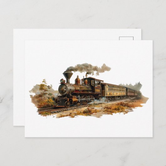ヴィンテージ蒸気列車の景観イラストレーション ポストカード (正面/裏面)
